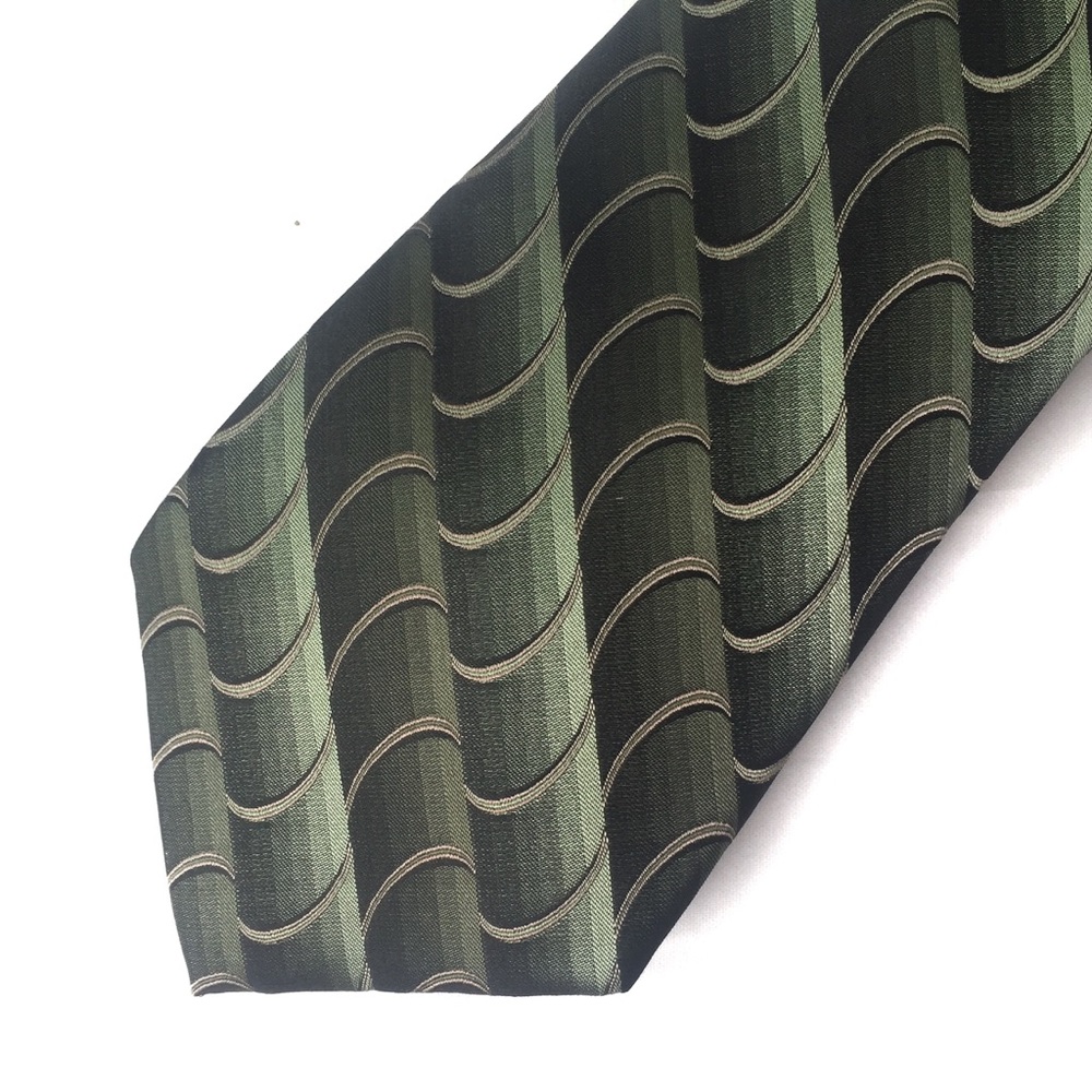 BUGATTI Silk Tie Green Black Ivory Ribbon Swirls